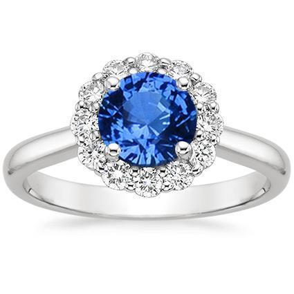 White Gold  Ceylon Sapphire Solitaire With Accent And Round Cut   Diamonds Ring Gemstone Ring