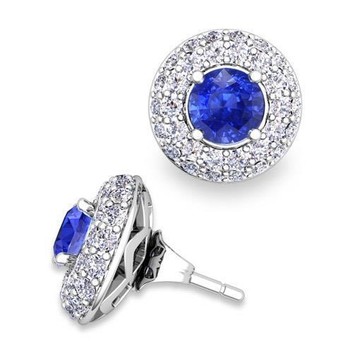 White Gold Lady’s Brilliant Engagement   Ceylon Sapphire With Round Cut 3.90 Carats Diamonds Women Studs Halo   Gemstone Earring