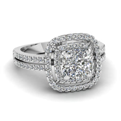 Natural  Cushion And Round Cut Double Halo Diamond Ring 2.50 Carats WG 14K