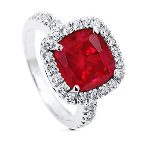 Brilliant White Gold Cushion Ruby And Round Cut Diamonds Ring Gemstone Ring