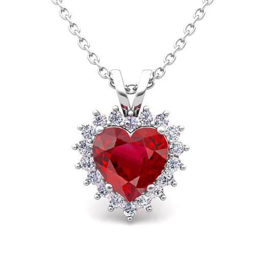 White Gold 14K Heart & Round Shaped Ruby With 5.50 Carat Diamonds Pendant Necklace Gemstone Pendant