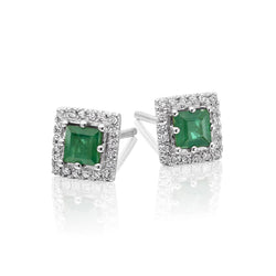 Green Emerald And Diamond White Gold Halo Studs Earrings 6 Carats