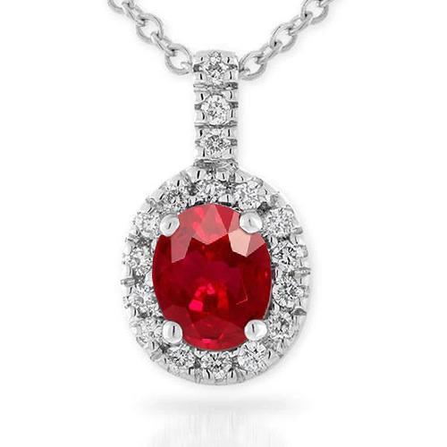 White Gold 14K Oval Shape Red Ruby Gem With 4.75 Carat Diamond Pendant Gemstone Pendant
