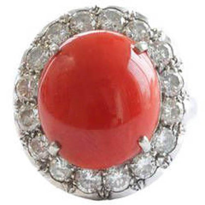 White Gold 14K Prong Set 14.50 Ct Red Coral And Diamonds Ring New Gemstone Ring