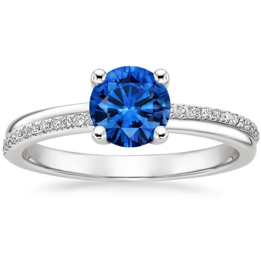 White Gold  Prong Sparkling Unique Lady’s  Blue Sapphire And Diamond  New Gemstone Ring