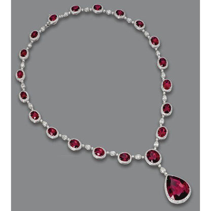 White Gold 14K Red Ruby With Diamonds 49.50 Carats Lady Necklace Gemstone Necklace