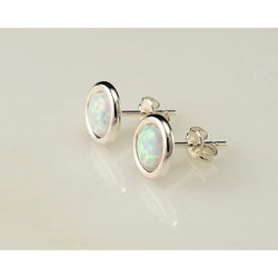 White Gold 14K Round Cut Bezel Set Opal 8 Ct Lady Studs Earrings