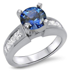 WG 14K Round & Princess Cut Ceylon Sapphire 3.20 Ct. Diamonds Ring
