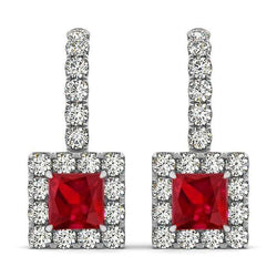 White Gold 14K Women Dangle Earrings 7 Ct Ruby With Natural Earth Mined Diamonds