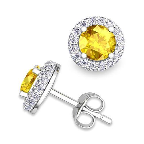 White Gold 14K Women Round Cut Yellow Sapphire Studs Earrings Gemstone Earring