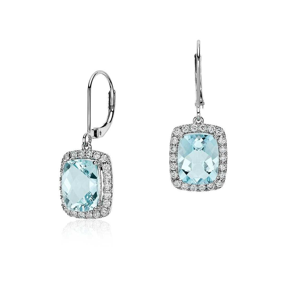 White Gold  Woman's  Weeding Anniversary     ladies Dangle Earrings 6 Ct Aquamarine And Diamonds Gemstone Earring