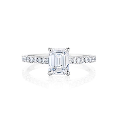 White Gold Emerald And Round Split Shank Lady’s Solitaire Ring with Accents White Gold Diamond  