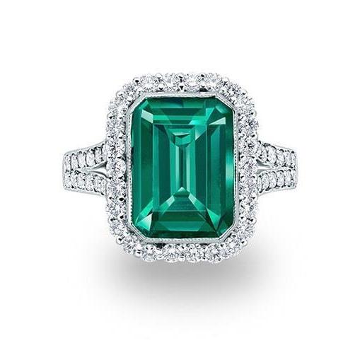 White Gold Green Emerald And Diamond Rong Lady Men Jewelry 6.75 Ct Halo Gemstone Ring Gemstone Ring