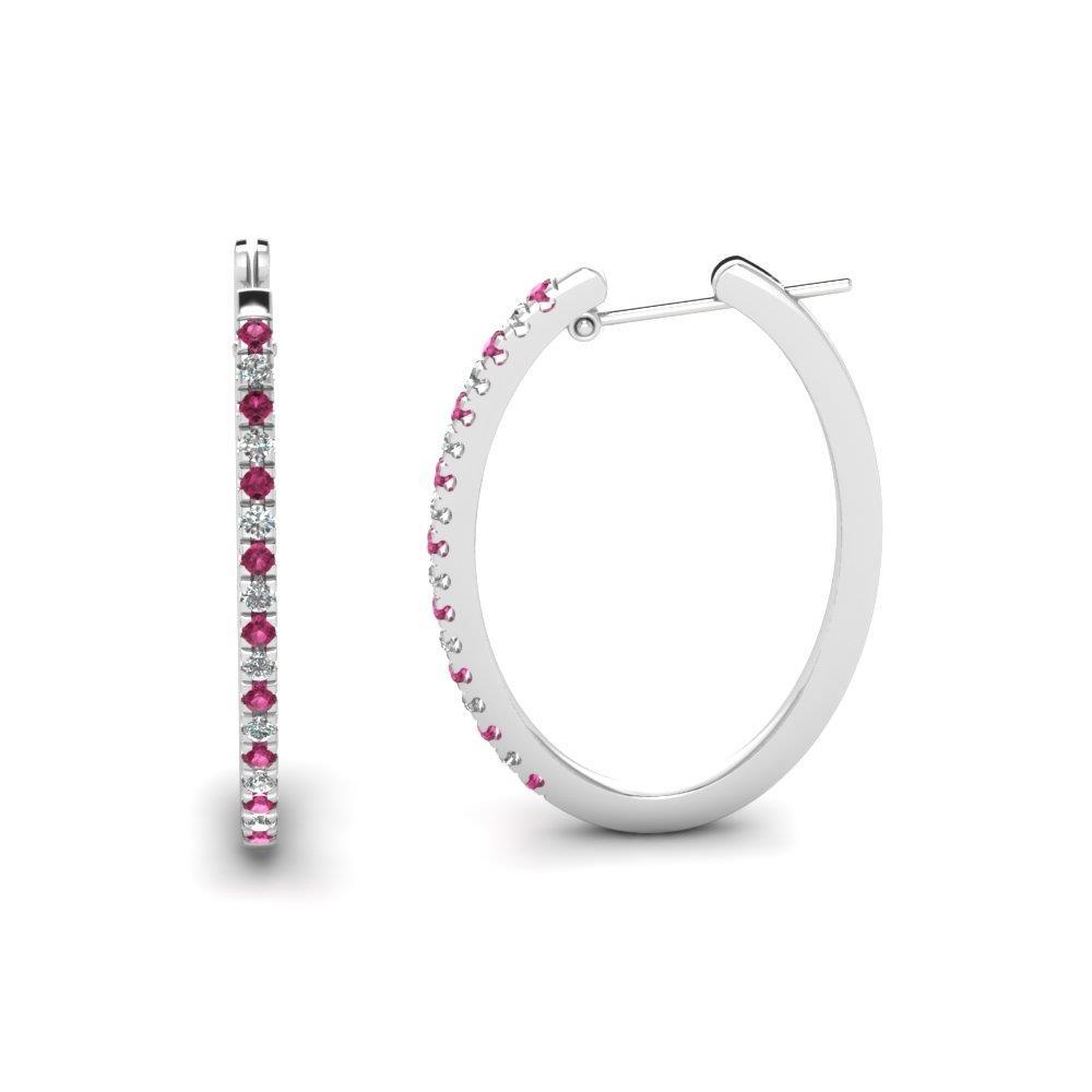 White Gold Hoop Earrings  New High Quality Wedding   Round Pink Sapphire And Diamonds Gemstone Earring
