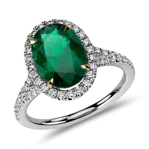    Lady’s Brilliant Engagement White Gold Oval Cut Emerald And Round Diamond Ring Fine Jewelry Gemstone Ring