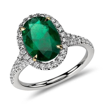    Lady’s Brilliant Engagement White Gold Oval Cut Emerald And Round Diamond Ring Fine Jewelry Gemstone Ring