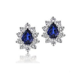 Pear Cut Sri Lankan Sapphire Halo Diamond Stud Earring  5 Ct. WG 14K