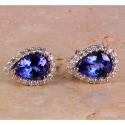 White Gold Pear Tanzanite With Natural Earth Mined Diamonds 5 Carats Stud Earrings