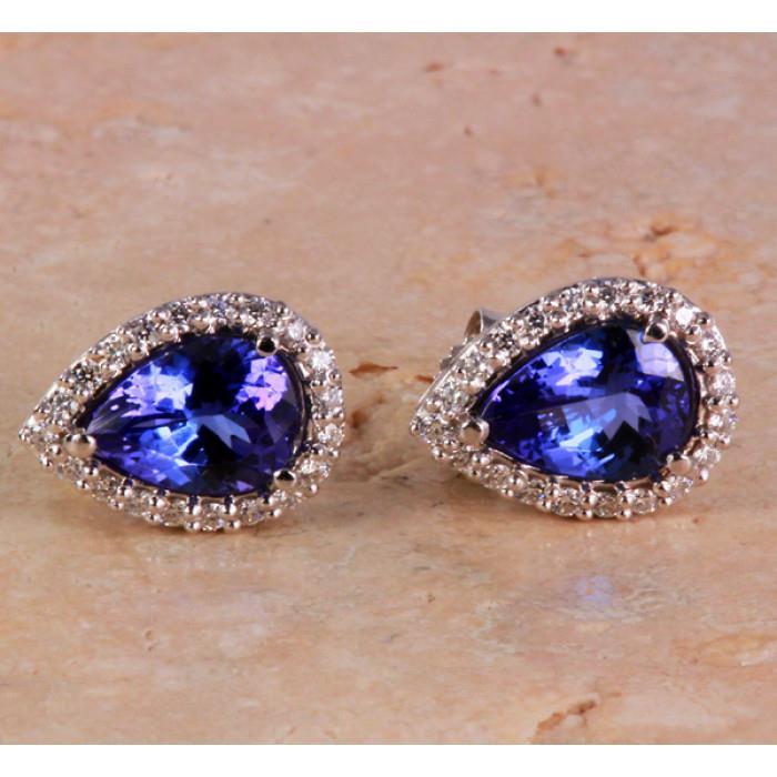 White Gold Pear Tanzanite With Round Diamonds 5 Ct Pave Halo Studs Earrings Gemstone Earring