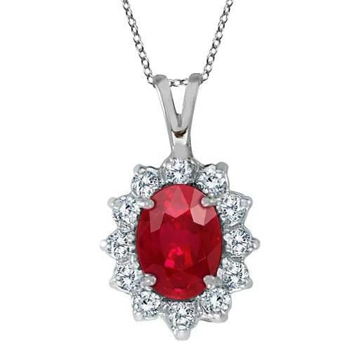 White Gold Prong Set 8.50 Carats Ruby & Diamonds Pendant Necklace Gemstone Pendant