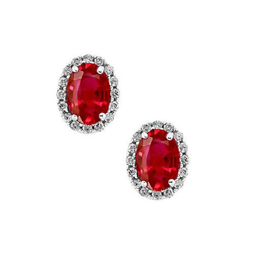 Ladies Brilliant Sparkling  White Gold Red Ruby With Round Diamond Halo Stud Earring Oval Shape   Gemstone Earring