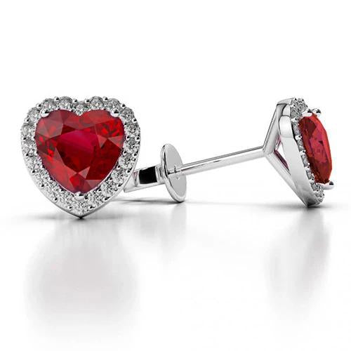 White Goldprong Set Women Studs Earrings 5.60 Ct Ruby And Diamonds Halo Gemstone Earring