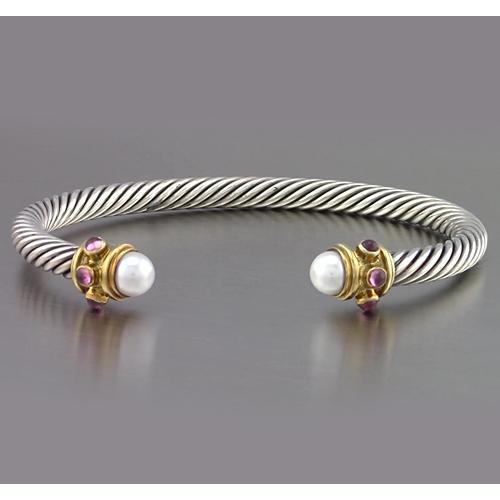 White & Yellow Gold Pearl & Pink Sapphire Bracelet  LAdies Weeding  Jewelry New Gemstone Bracelet