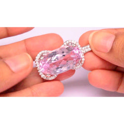 Women 19 Carats Gold Pink Kunzite With Diamond Necklace Pendant
