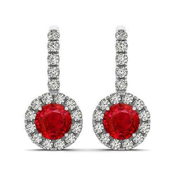 Women Dangle Earrings Ruby With Diamonds 5.60 Carats Gold White 14K