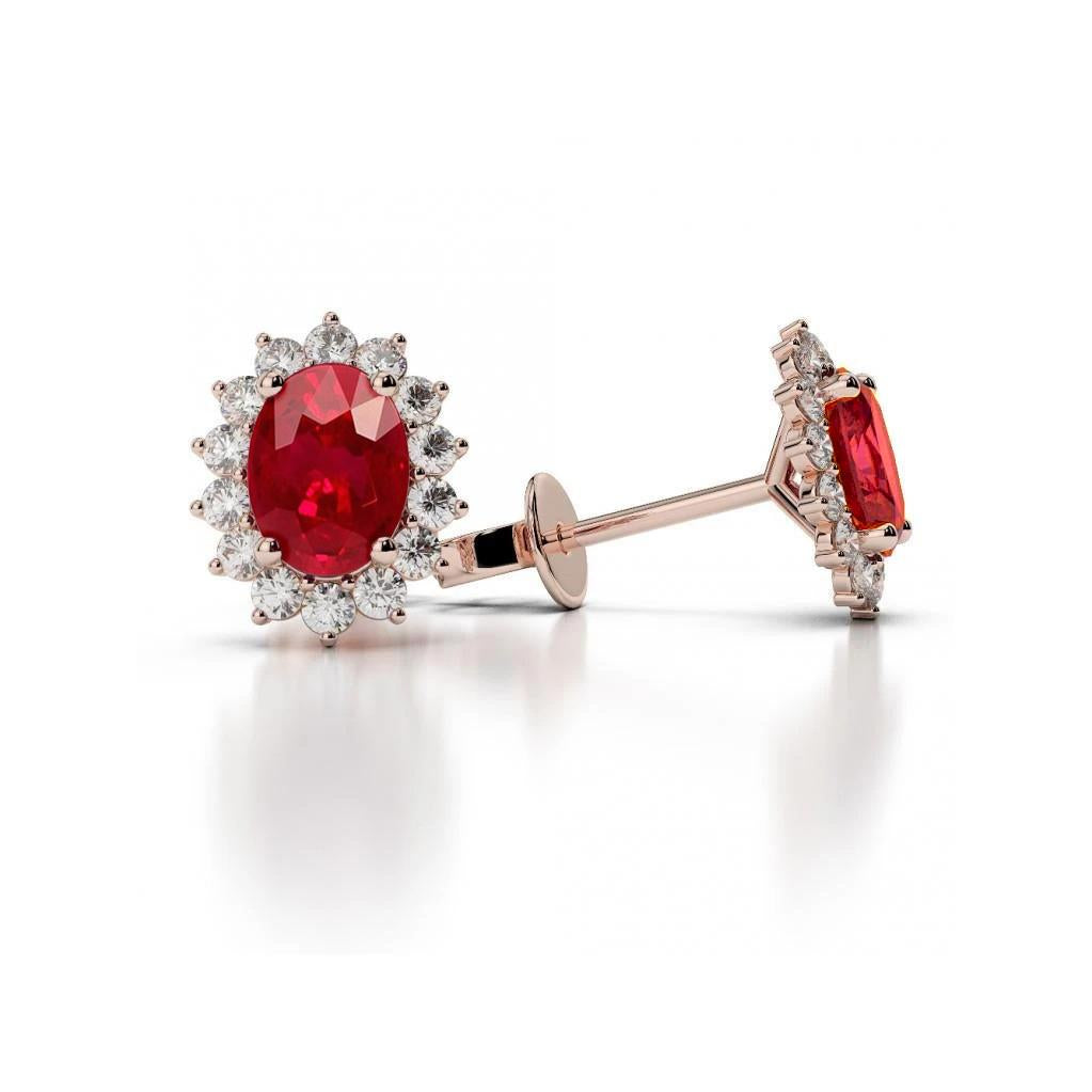 Women Oval Ruby With Diamonds 6.70 Ct Studs Earrings Gold Rose 14K Gemstone Earring