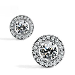 Women Round Halo Natural Earth Mined Diamond Stud Earring White Gold Jewelry 2 Carats