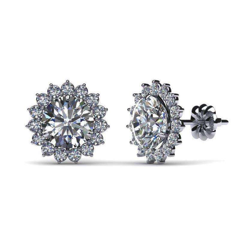 Women Stud Earring Round Cut Halo Diamond Solid White Gold 