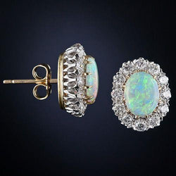 Women Studs Earrings 11 Ct Opal With Diamonds Yellow Gold 14K