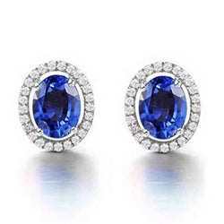 Women Studs Earrings 5.80 Carats Sapphire With Diamonds Gold 14K