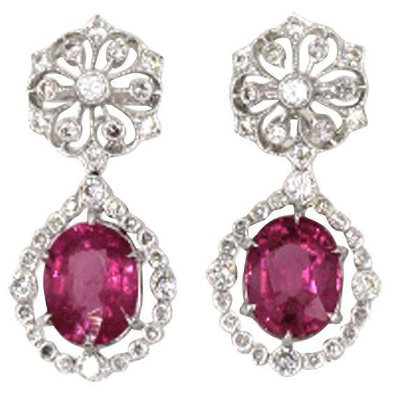 Sparkling Unique  Women White Gold Pink Tourmaline Diamond Dangle Fine Earring  