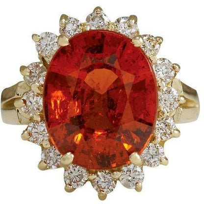 Yellow Gold 14K 13.35 Ct Mandarin Garnet With Diamonds Ring New Gemstone Ring