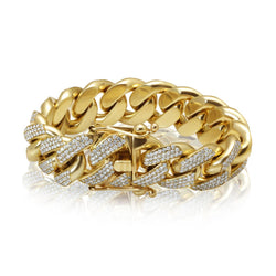 Yellow Gold 14K 18 Mm Mens Cuban Link Bracelet 9.70 Carats Diamonds