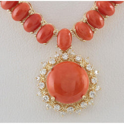 Red Coral With Diamond Pendant Necklace 41 Carats Yellow Gold 14K