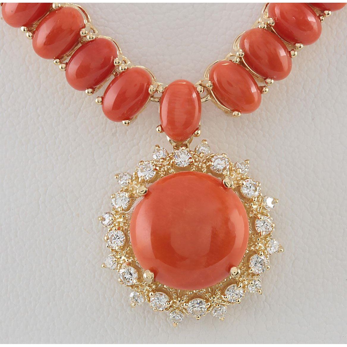 Yellow Gold 14K Red Coral With Diamonds Pendant Necklace 41 Carats Jewelry Gemstone Necklace