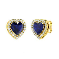 Yellow Gold Ceylon Blue Sapphire & Natural Earth Mined Diamonds 3.80 Ct. Studs Earrings