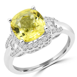 Yellow Sapphire And Diamonds 4 Carats Ring White Gold 14K
